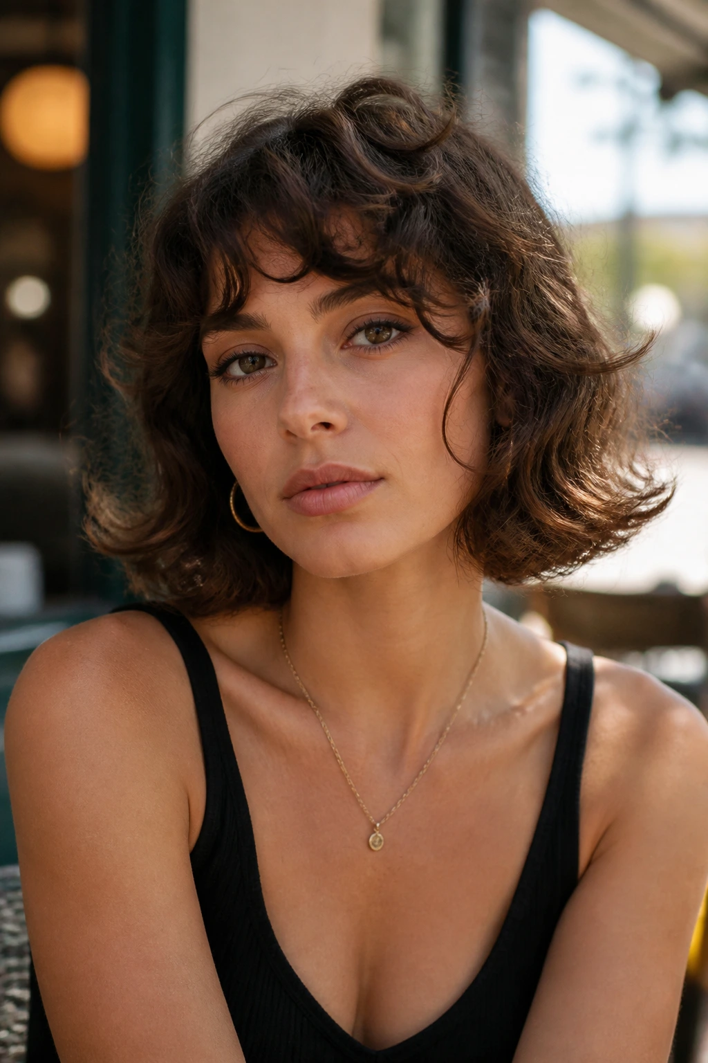 Close-up of a real woman with flipped-end lob and retro edge in sunny light.