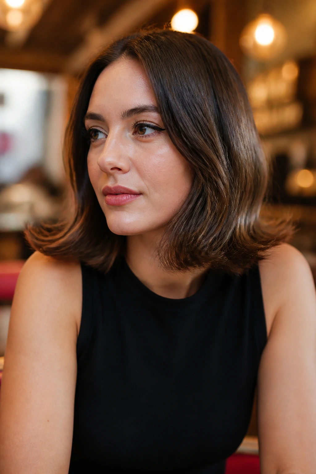 Portrait of a real woman with flipped-end retro lob and outward flip at the ends