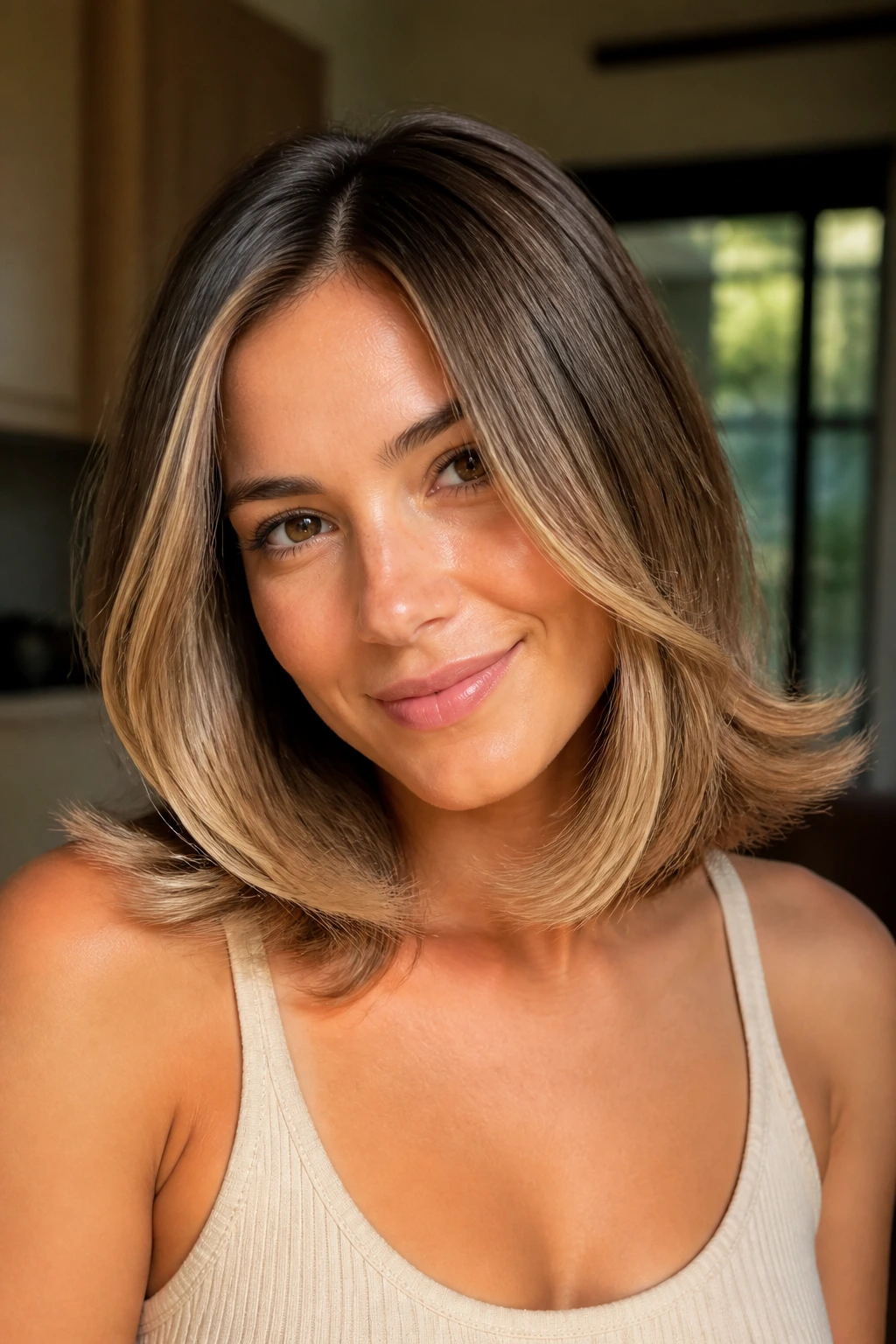 Close-up of a real woman with flipped-end midi and beige babylights