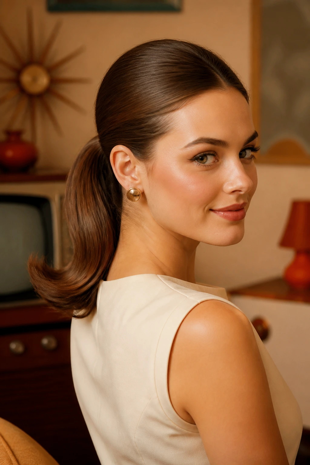 Portrait of a woman with flipped-end retro ponytail and smooth root