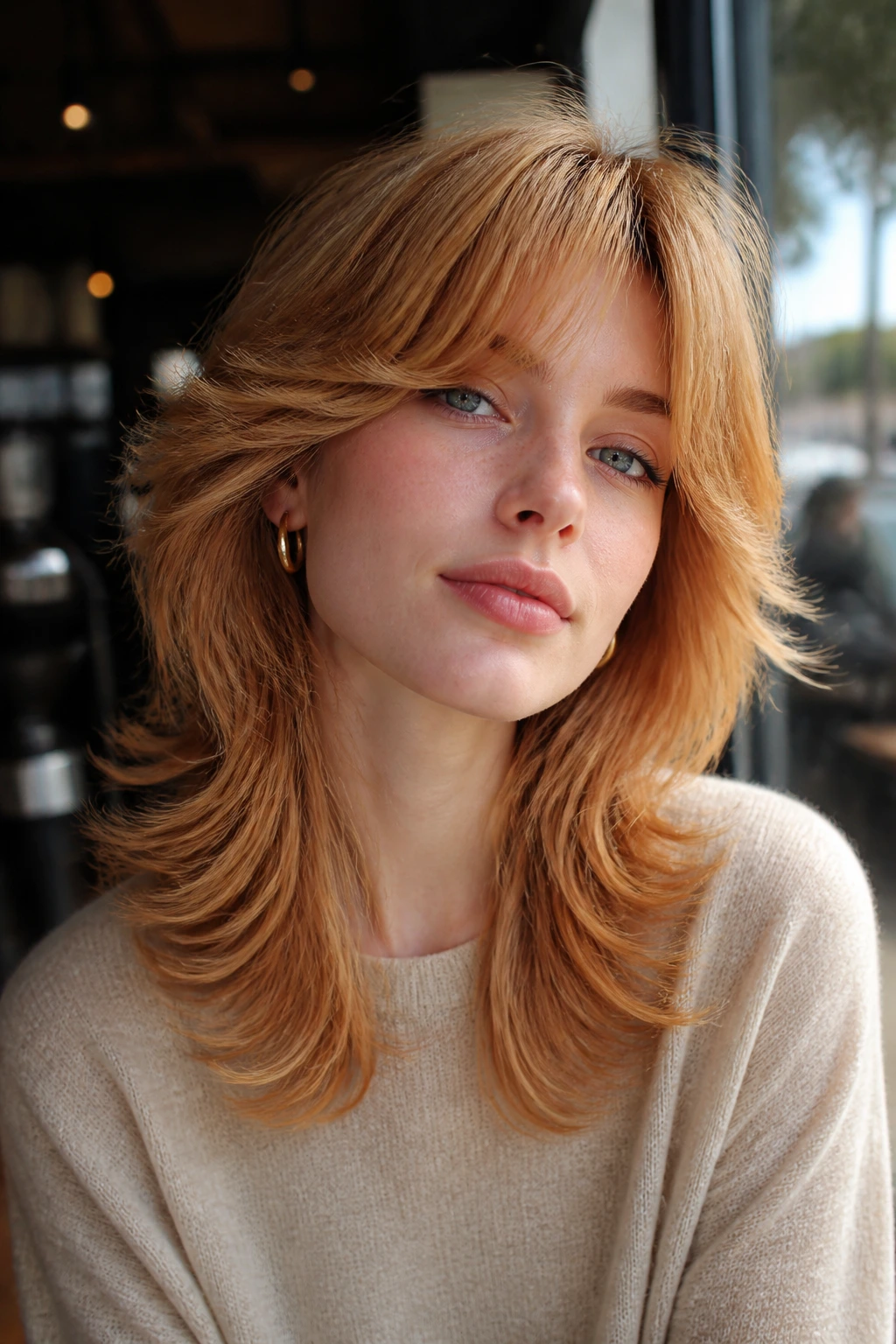 Portrait of a real person with flipped-end shag and feathered sides in strawberry blonde