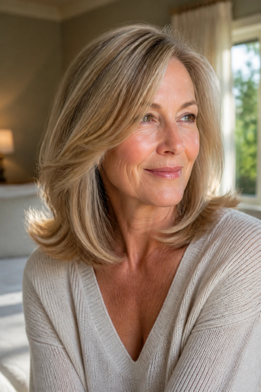 Close-up of a real woman with flipped-out ends on shoulder-length hair in a sunlit room