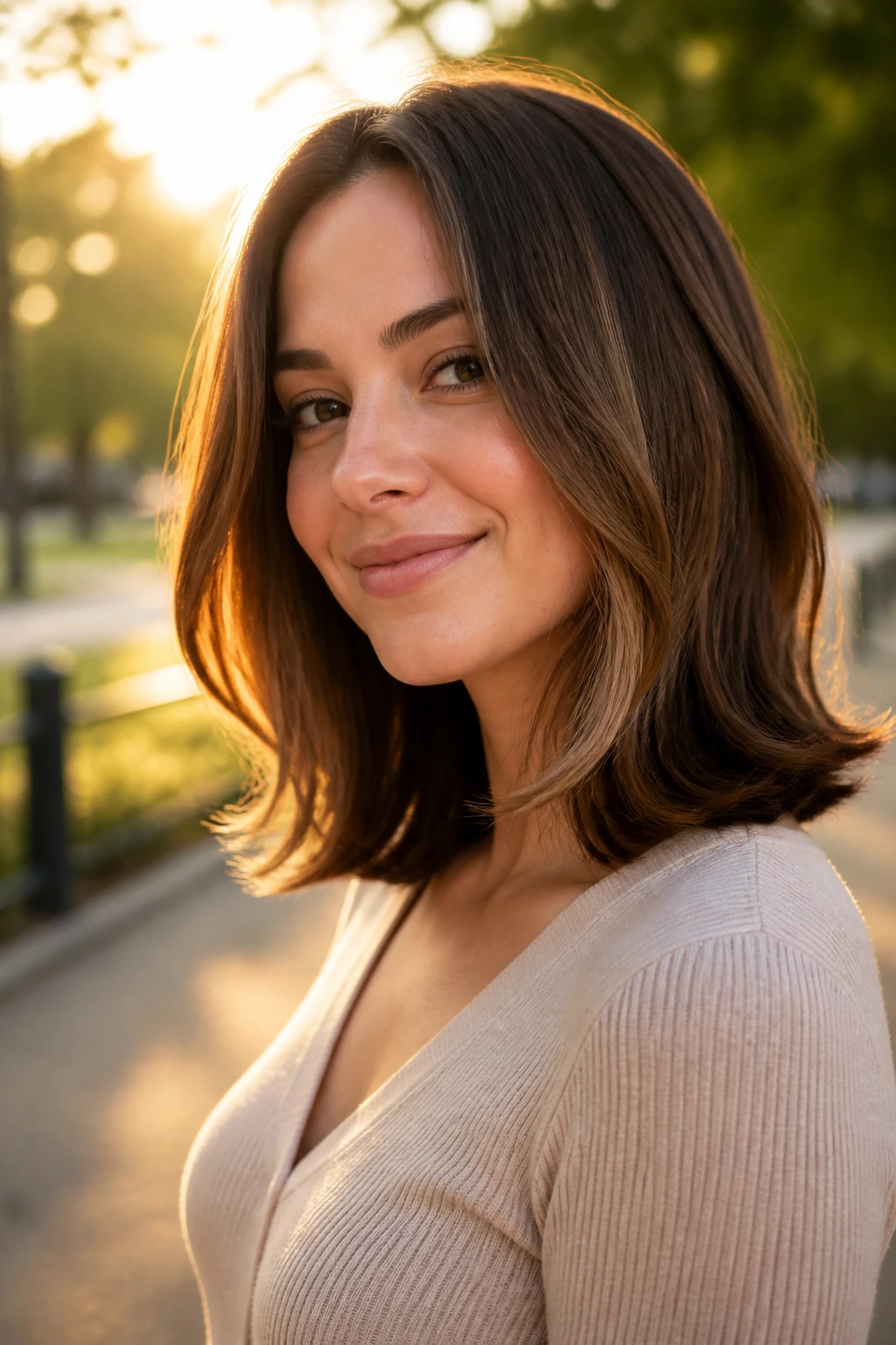 Close-up portrait of a real woman with flipped-end shoulder cut in golden hour light