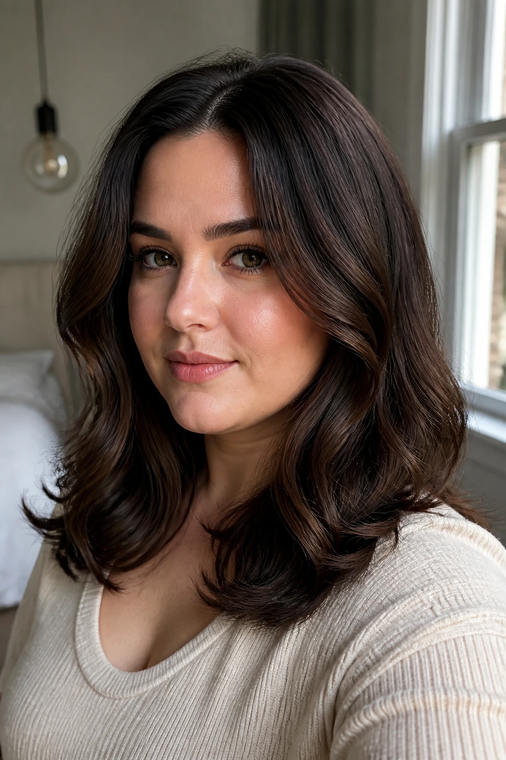 Close-up of a real woman with flipped-end waves framing her face