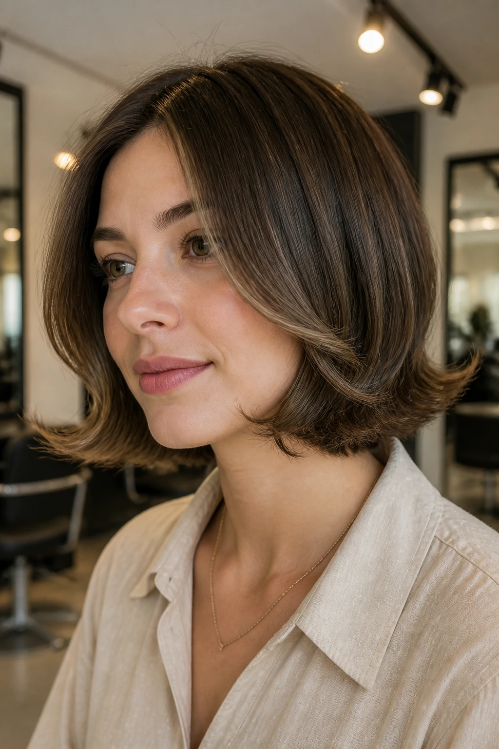 Close-up of a real woman with a chin-length bob and flipped-out ends