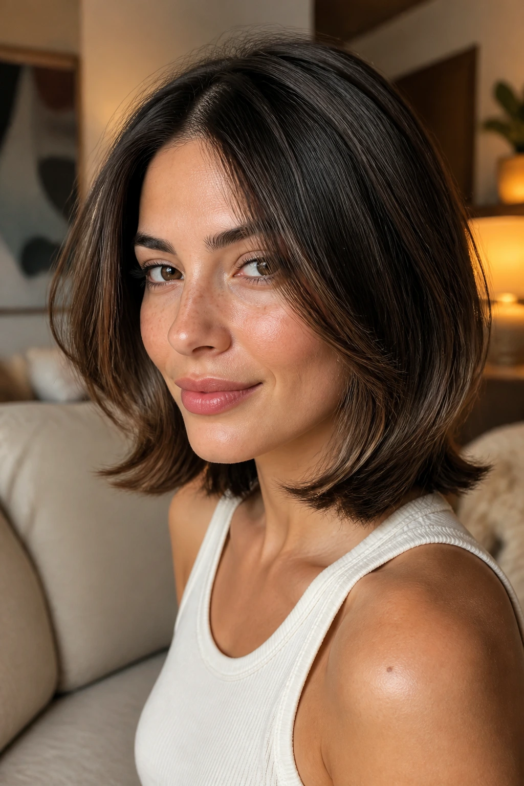 Close-up of a real person with softly flipped-in hair ends