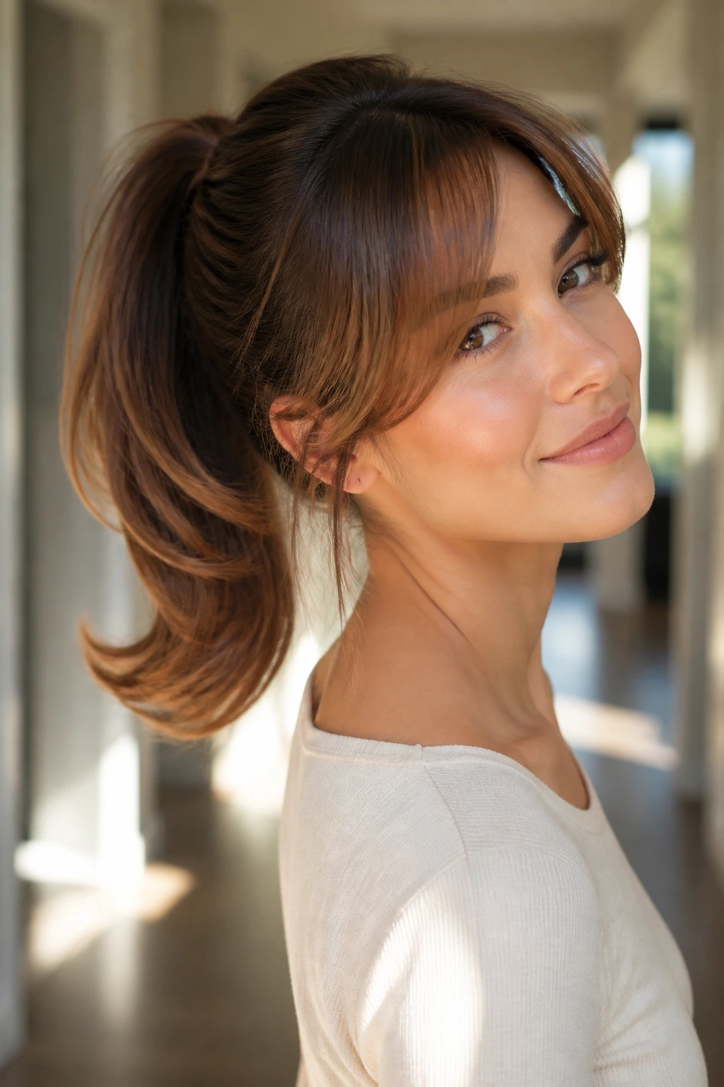 Flipped-ends pony close-up showing curled ends and side-swept bangs on a real person