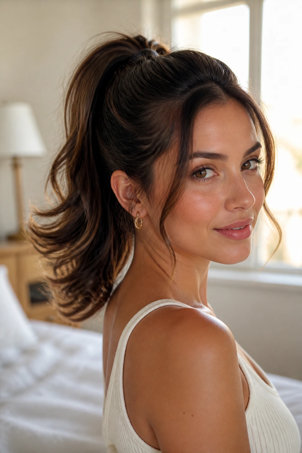 Close-up of a real woman with a high flipped-ends ponytail and beachy waves.