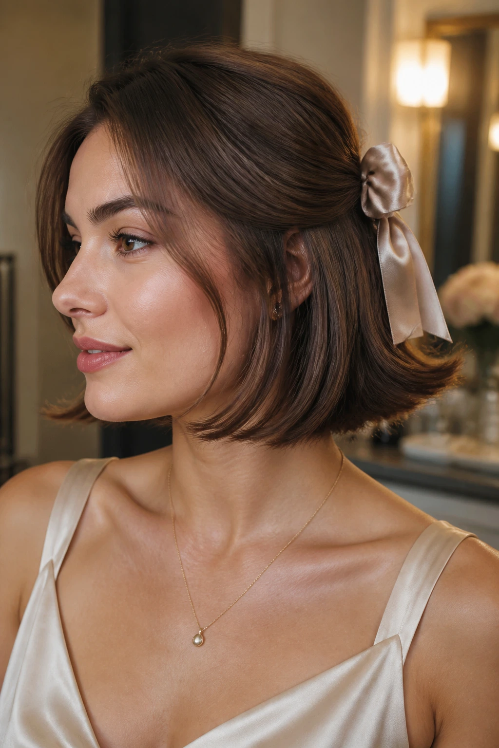Close-up of a real woman with flipped ends and satin ribbon on a short thick bob
