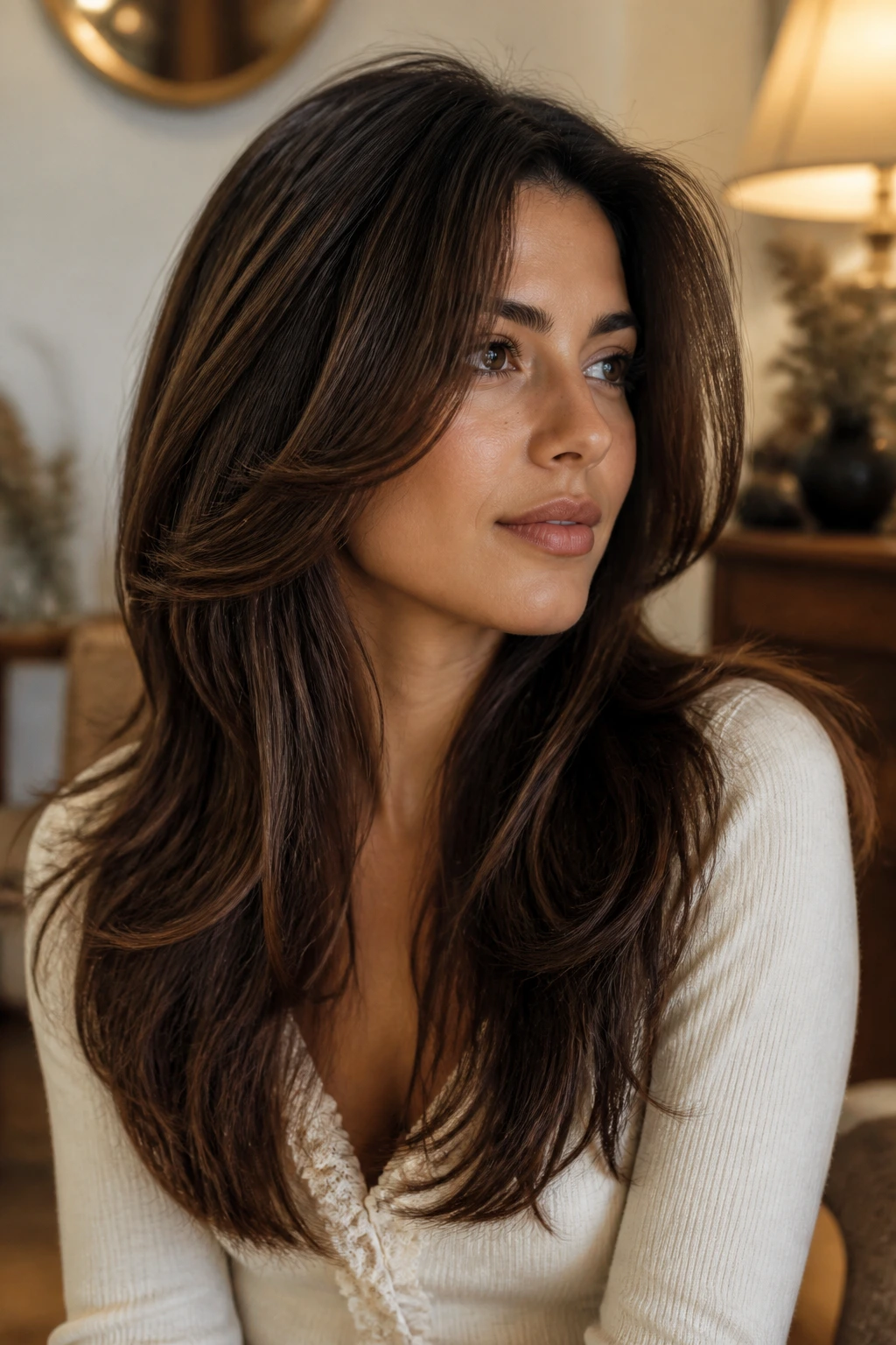 Portrait of woman with flipped-front layers and retro lift