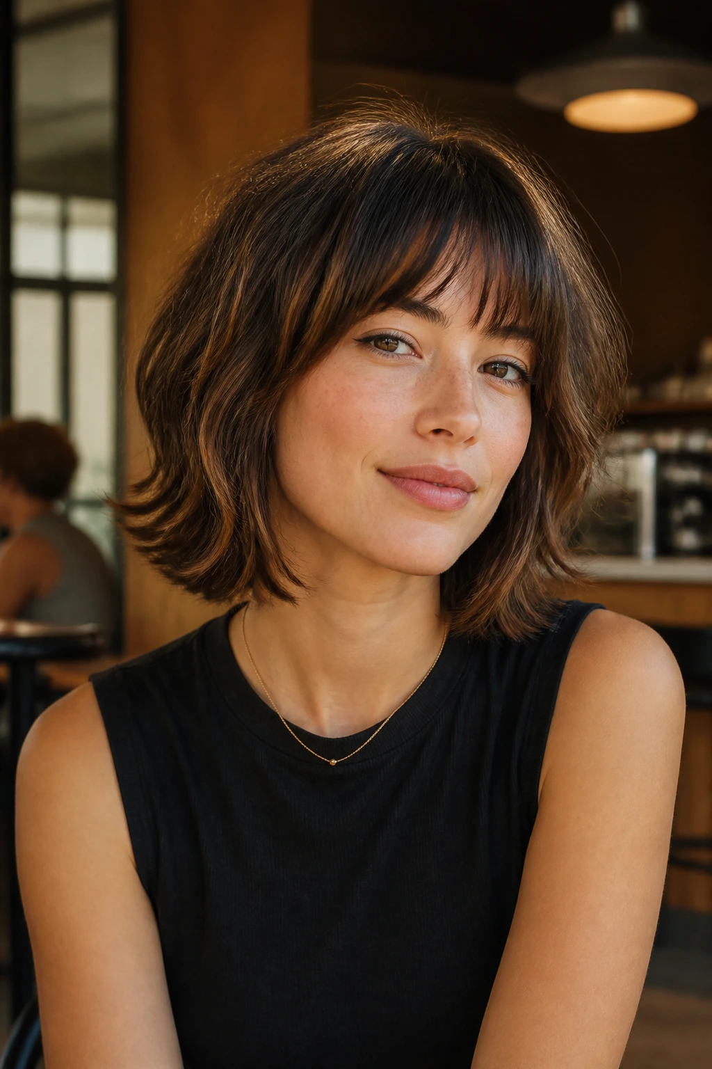 Portrait of a real person with Flipped-Layer Bob Shag showing outward-flipped ends