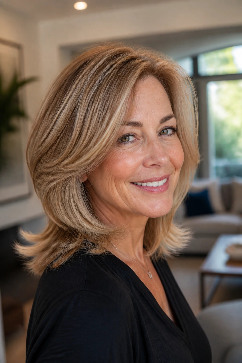 Medium close-up of a real woman with shoulder-length hair and flipped-out ends