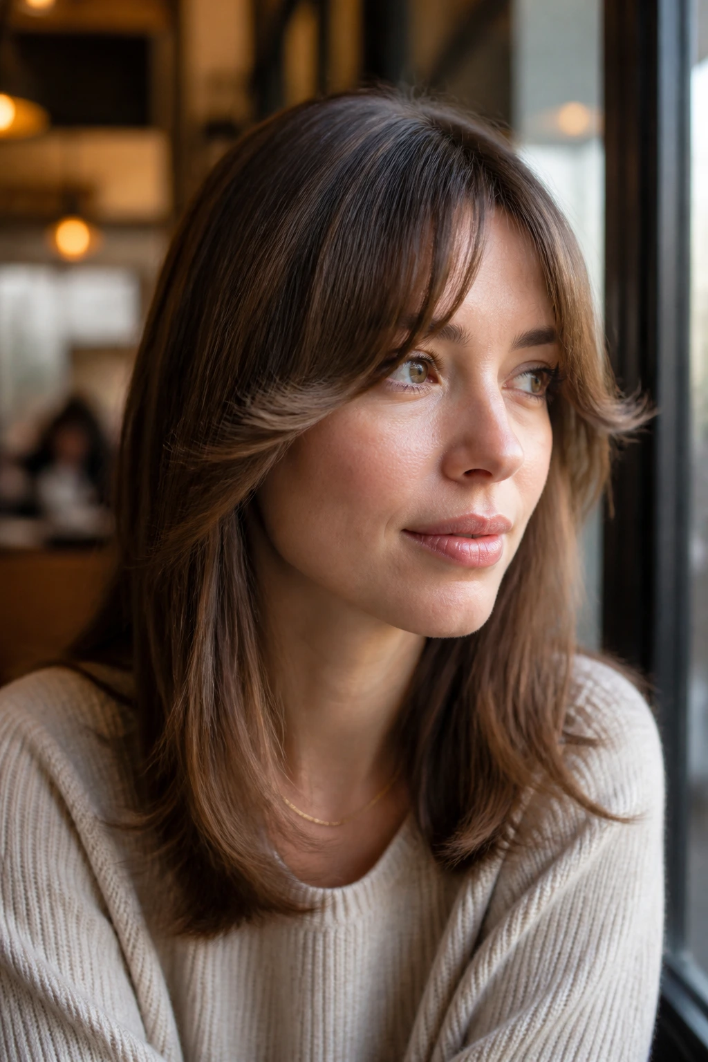 Real woman with flipped-out bangs and outward flip in a cafe setting