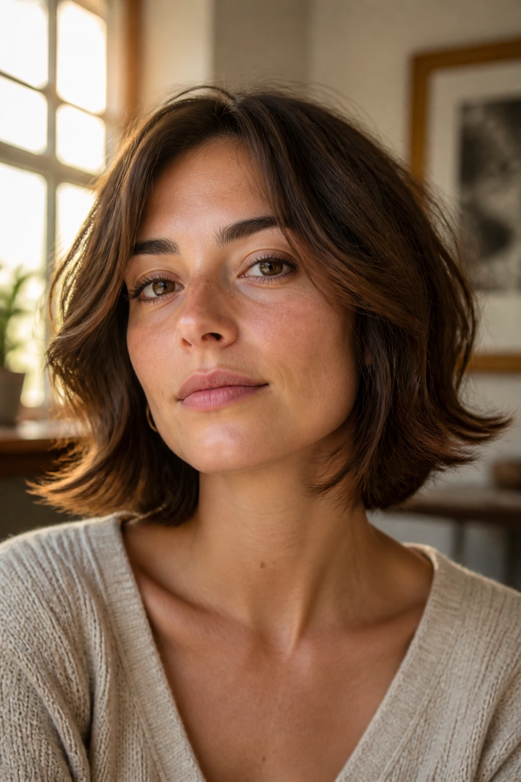 Close-up of a real woman with a flipped-out bob and outward flicks at the ends