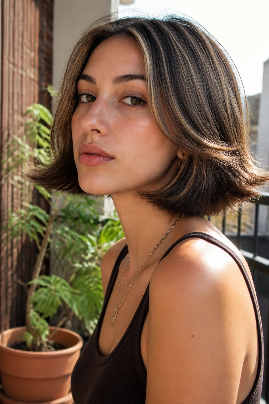 Close-up of a real woman with a flipped-out 90s bob showing outward flip and dark lowlights.