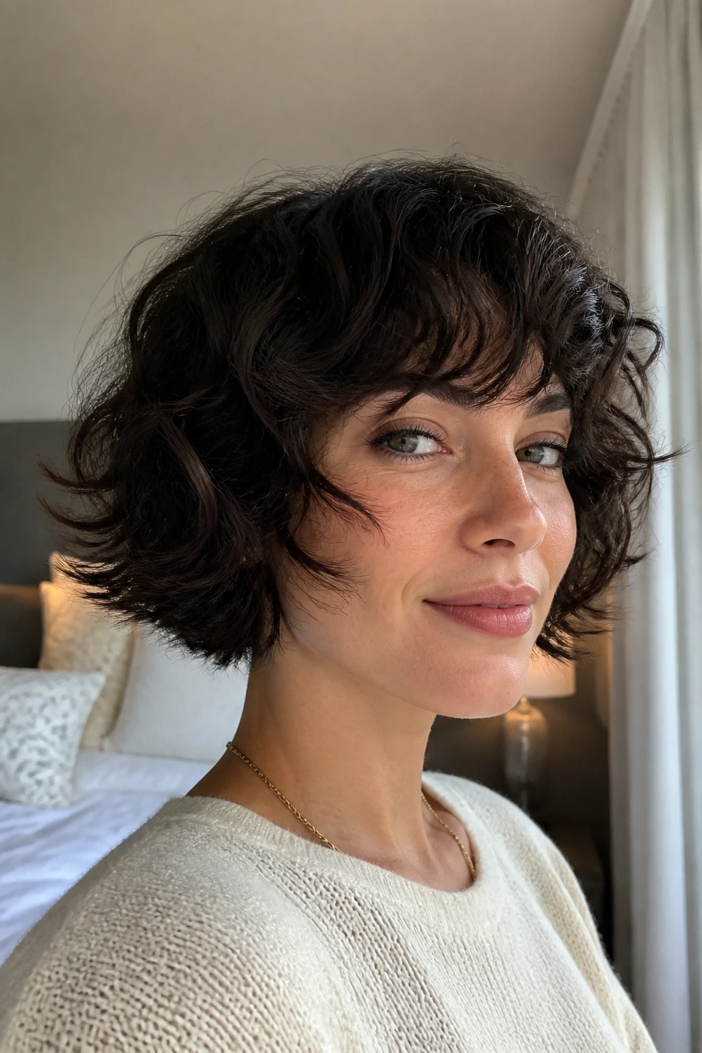 Close-up of a real woman with a flipped-out bob featuring razor ends, captured in warm natural light.