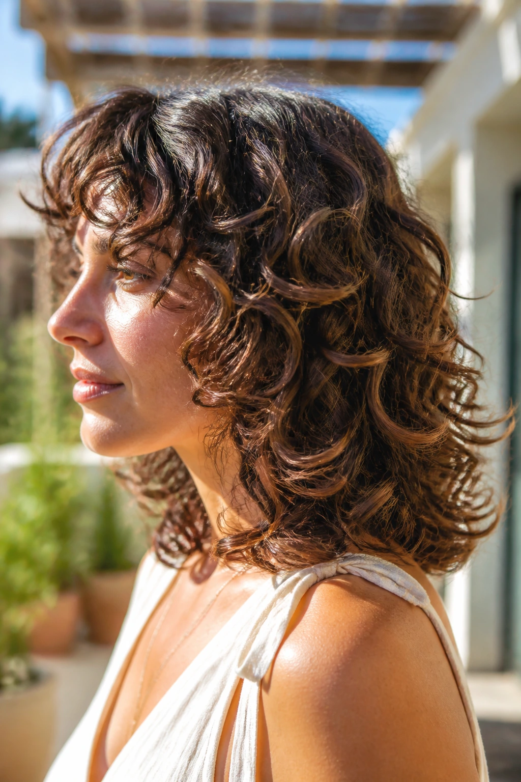 Close-up of a real woman with Flipped-Out Curly Ends