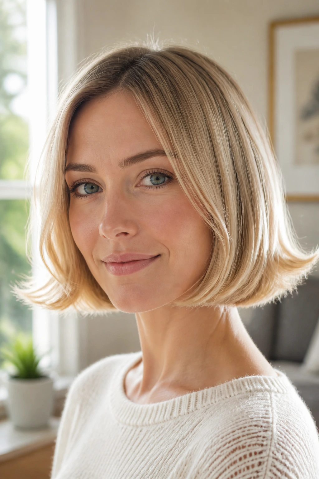 Close-up of a real woman with a blunt bob featuring outward flipped ends in natural light
