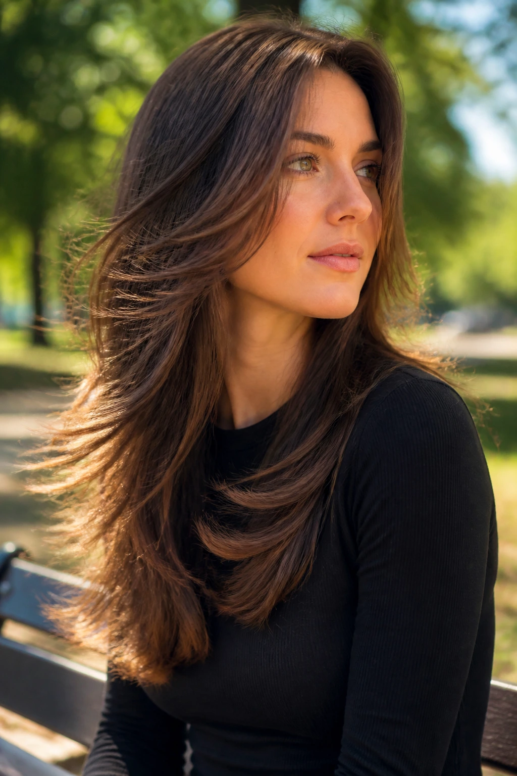 Close-up of a real woman with flipped-out feathered ends