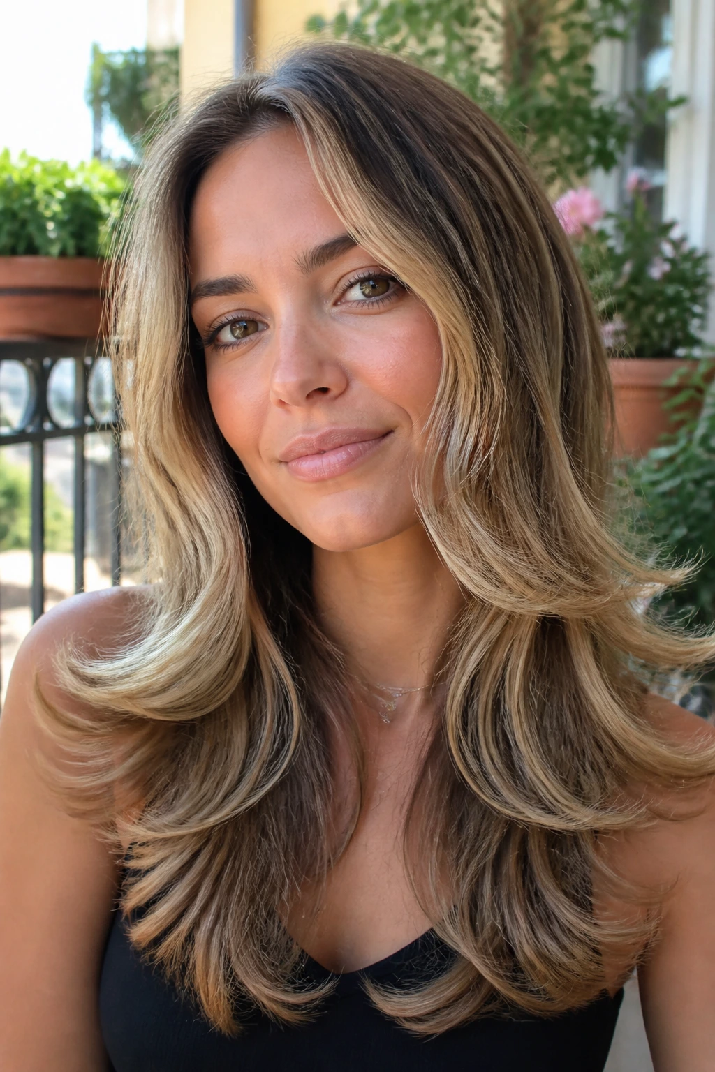 Close-up of a real woman with flipped-out ends and soft layered waves in a sunny garden