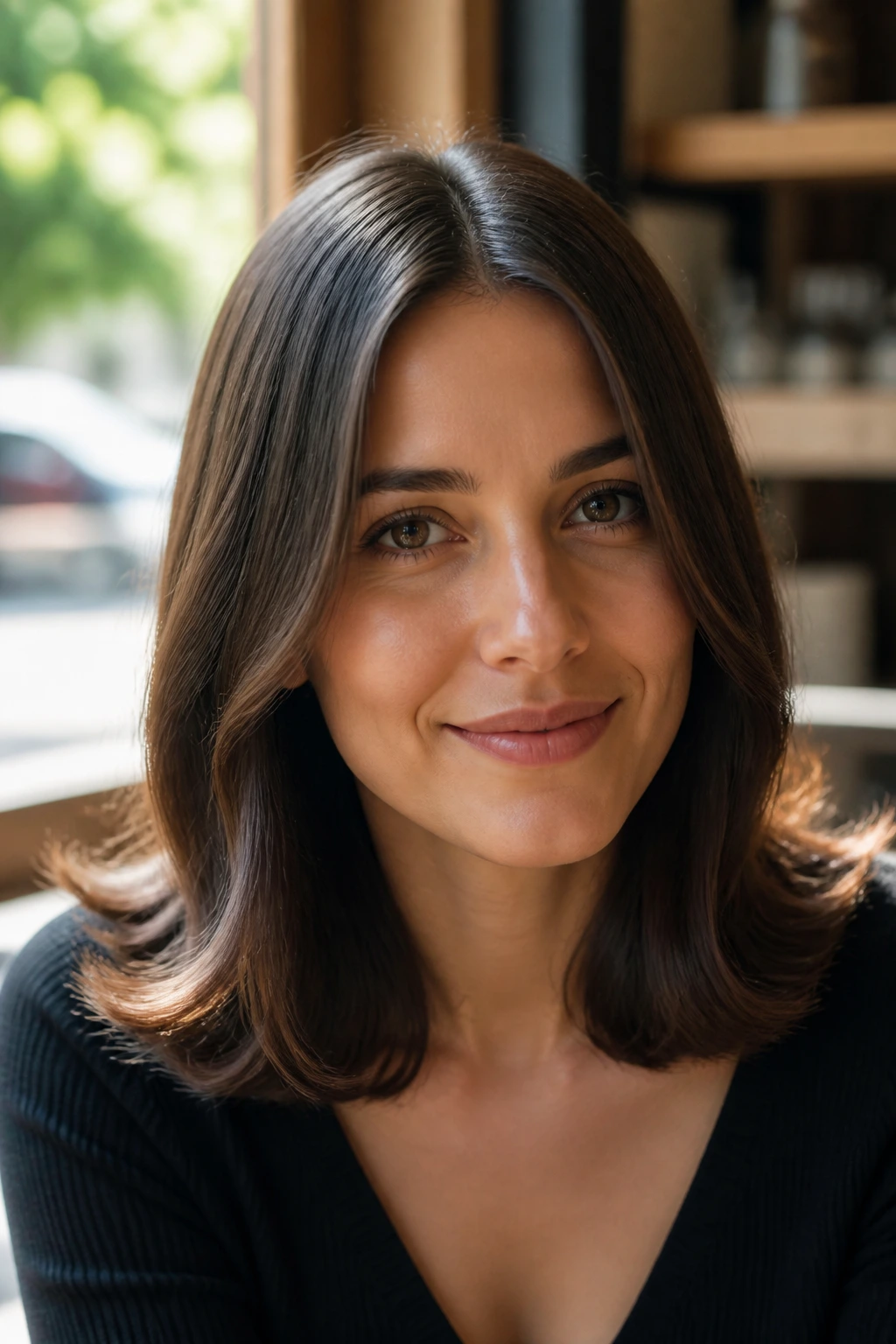 Close-up of a real woman with a clean middle part and flipped-out ends