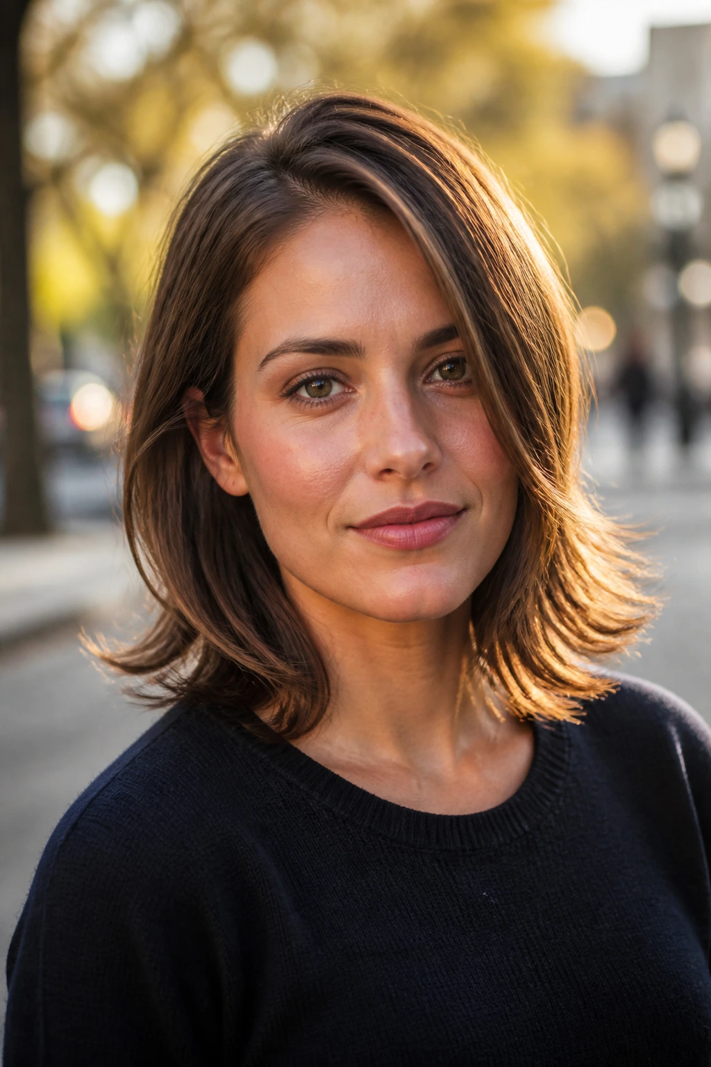 Portrait of a real woman with flipped-out ends and an off-center part.