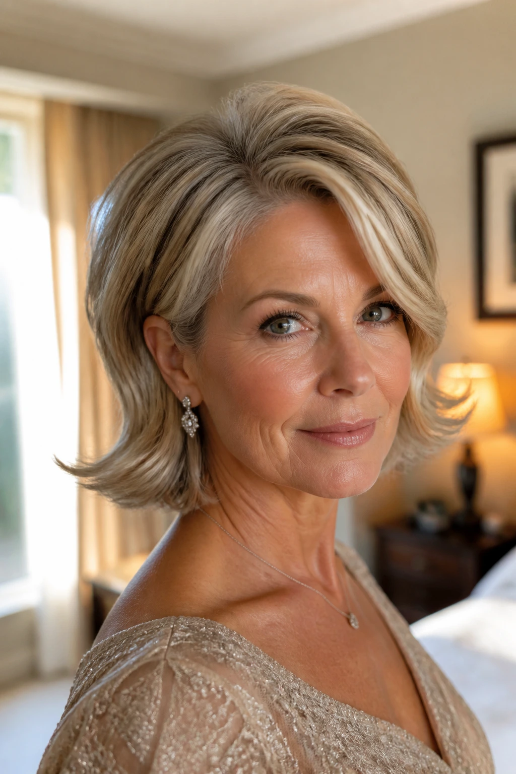 Close-up of real woman with flipped-out ends on a short haircut