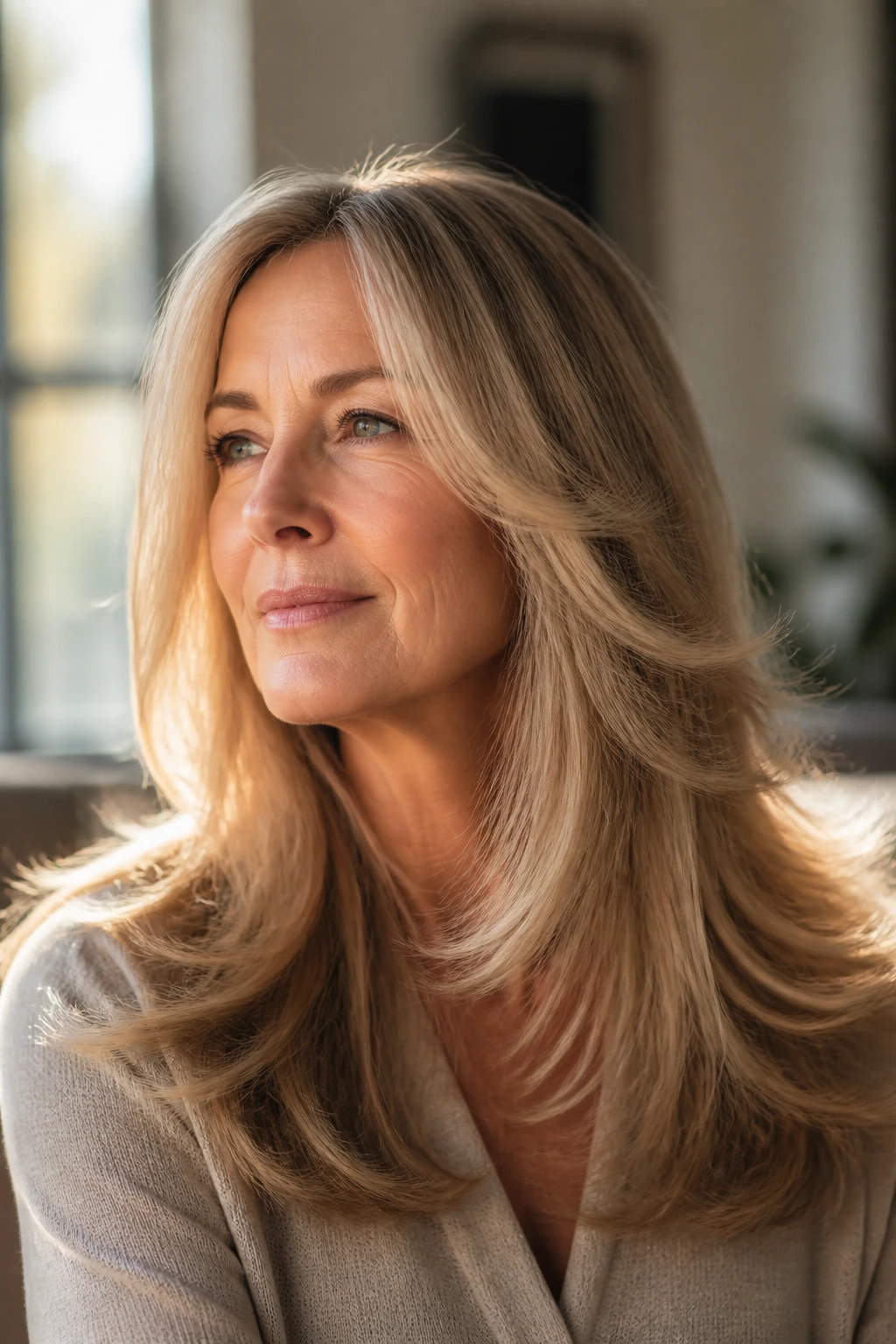 Real woman with softly flipped-out ends on long layered hair