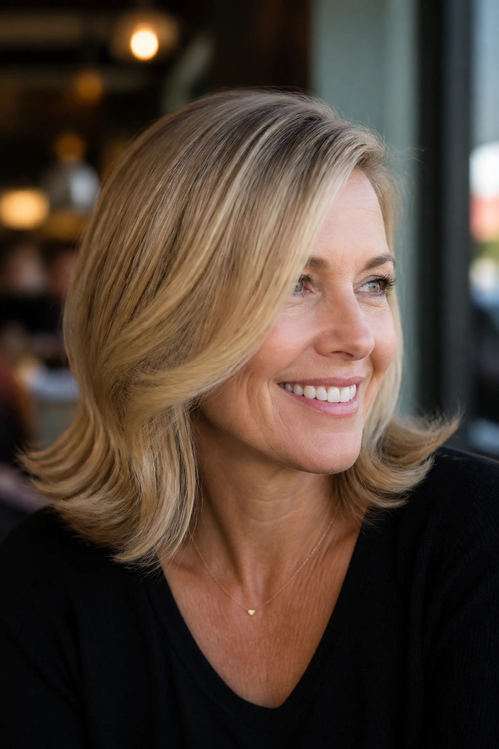 Portrait of a real woman with flipped-out ends and a side part.