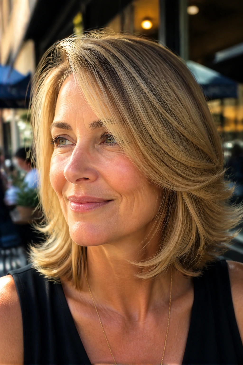 Close-up of a real woman with flipped-out layered bob.