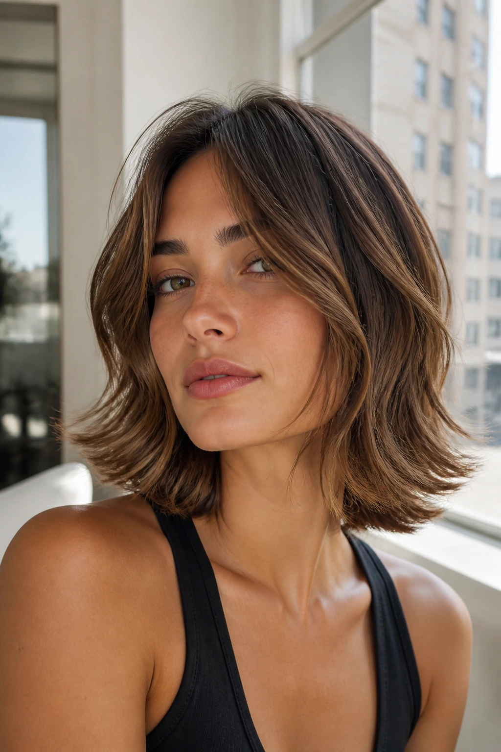 Close-up of a woman with a flipped-out layered lob, outward flipped ends and mid-length layers