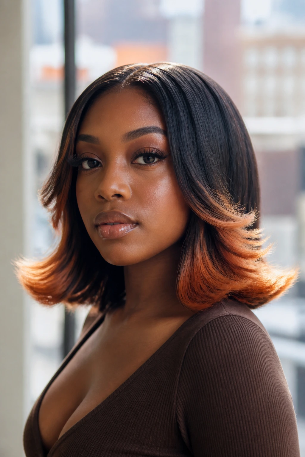 Flipped-out lob hairstyle with apricot tips on deep skin.