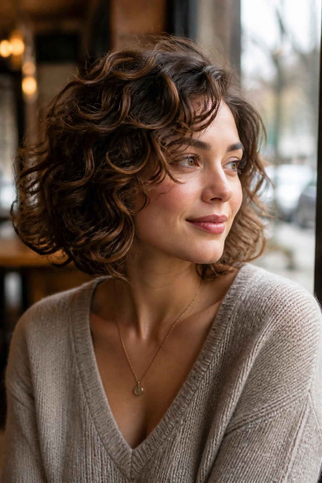 Close-up of a woman with a flipped-out shoulder-length lob.