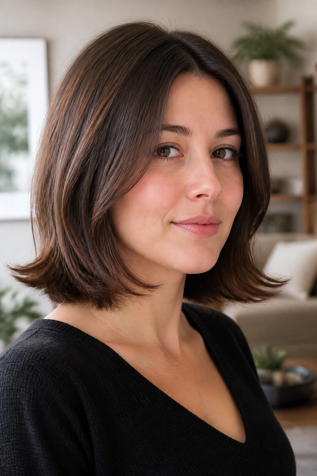 Portrait of a real woman with a flipped-out lob hairstyle