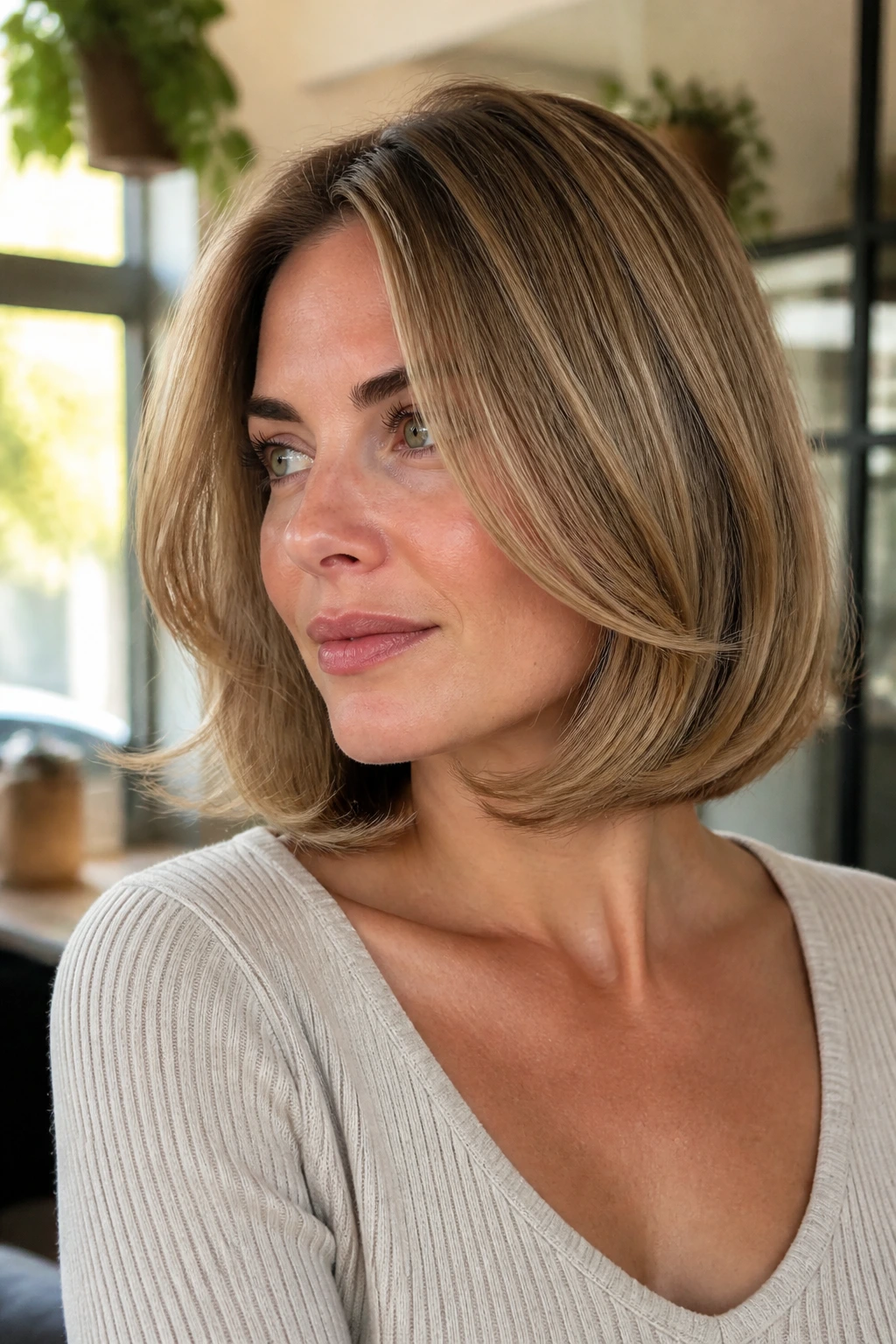 Close-up of a real woman with a flipped-out lob finished with a round brush.