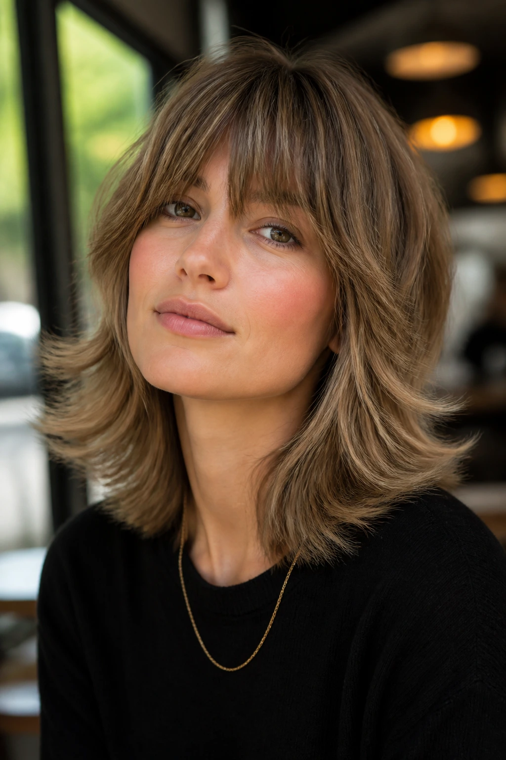 Close-up portrait of a real woman with a flipped-out shag and light ends