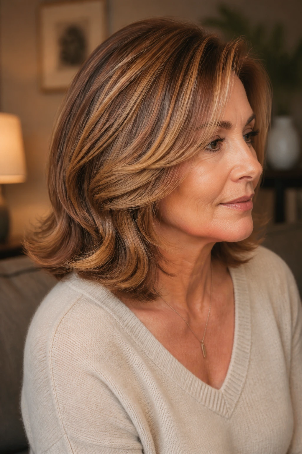 Side-profile of a woman with flipped shoulder cut and copper-tea light highlights