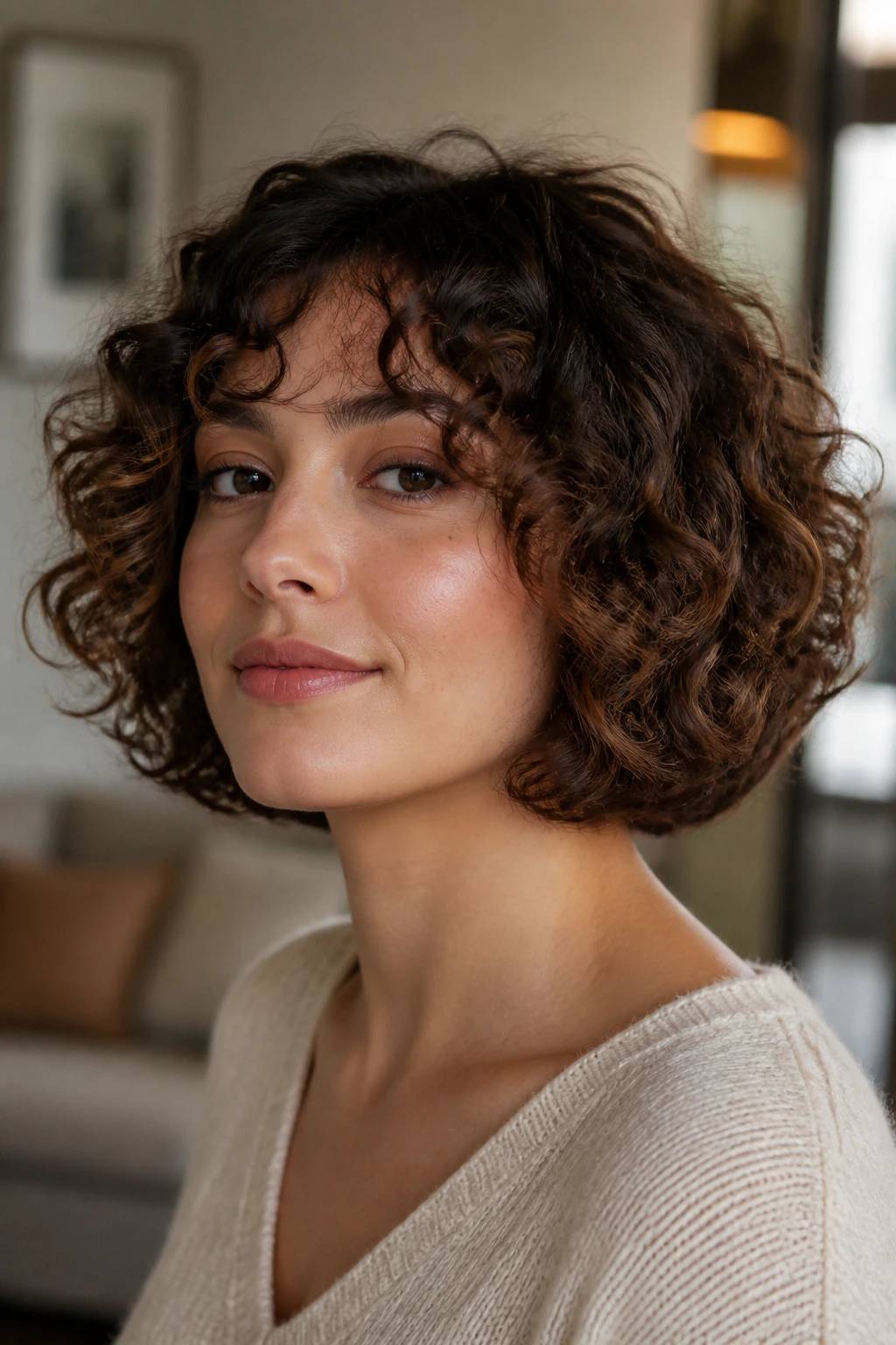 Close-up portrait of a real woman with a flipped-under curly bob, inward-curved ends.