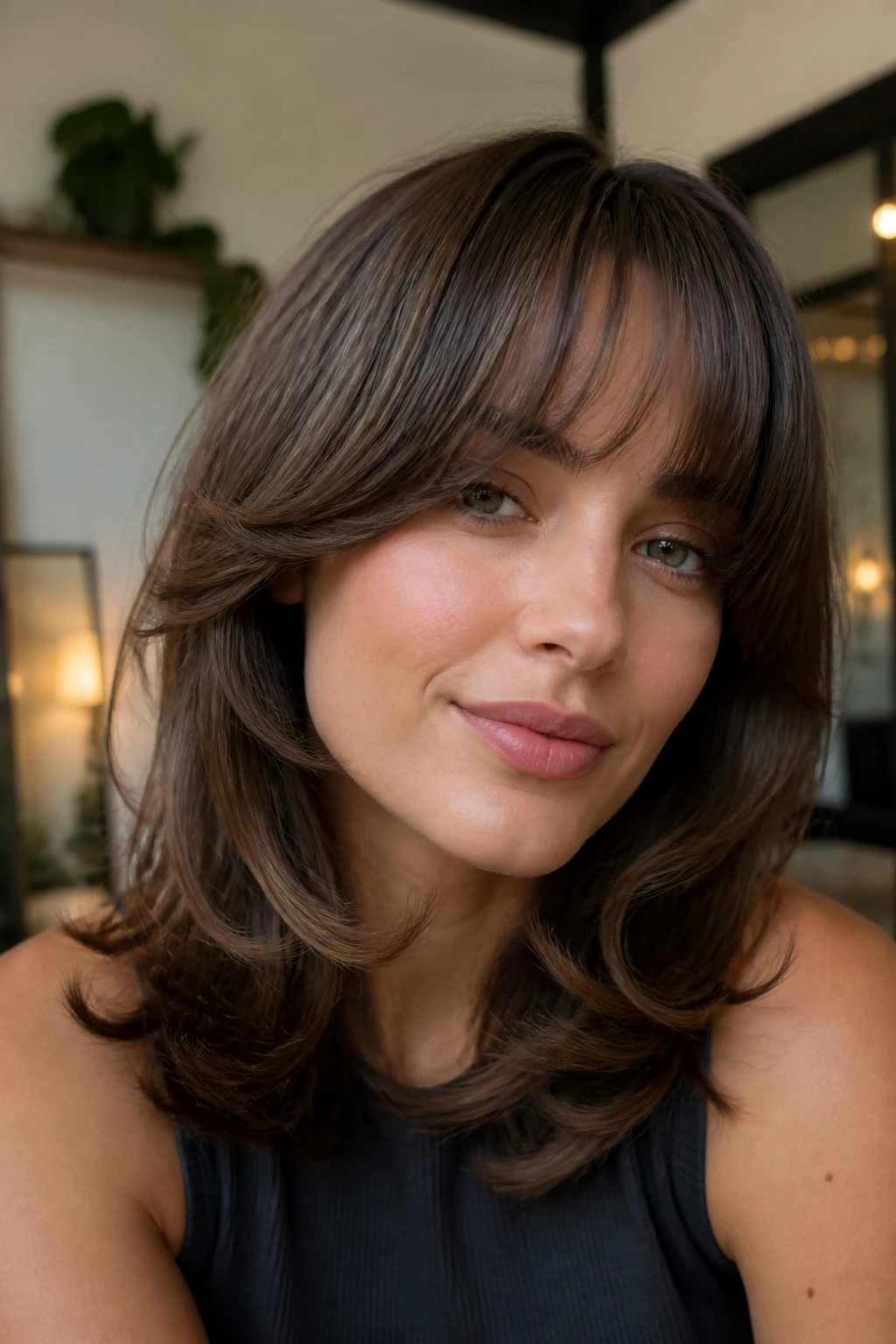 Close-up of a woman with flipped-under feathered bangs