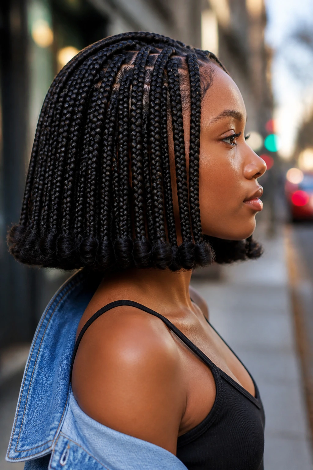 Side-profile of real person with flipped-under knotless braids