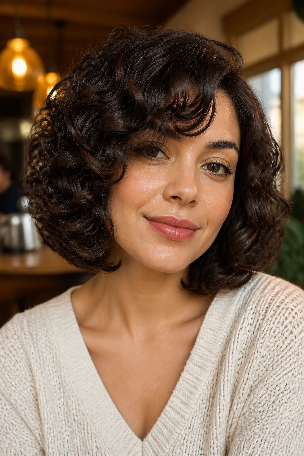 Close-up of real person with flipped-under lob and soft forehead sweep.