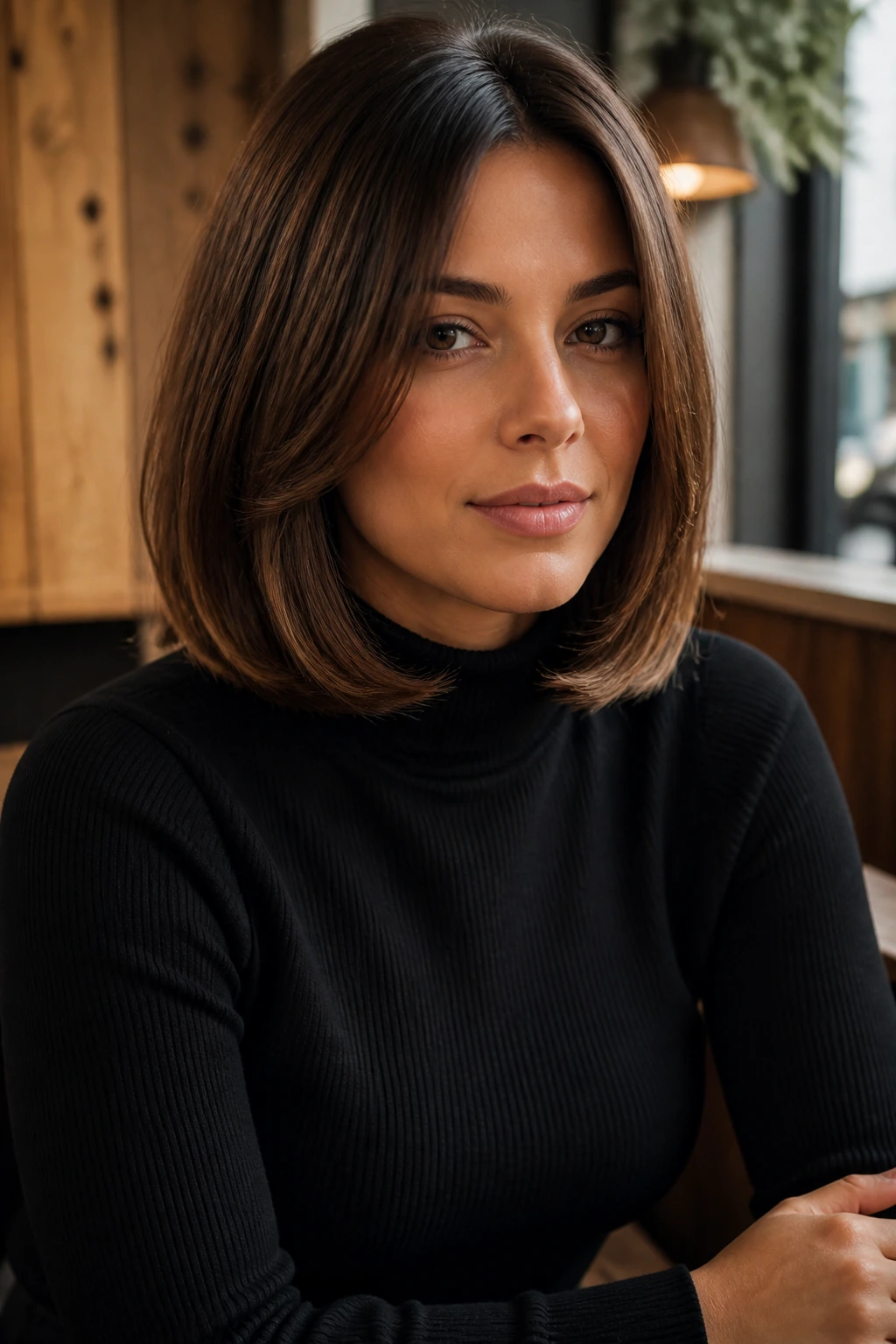 Close-up portrait of a real woman with flipped-under lob and polished ends in a cafe setting