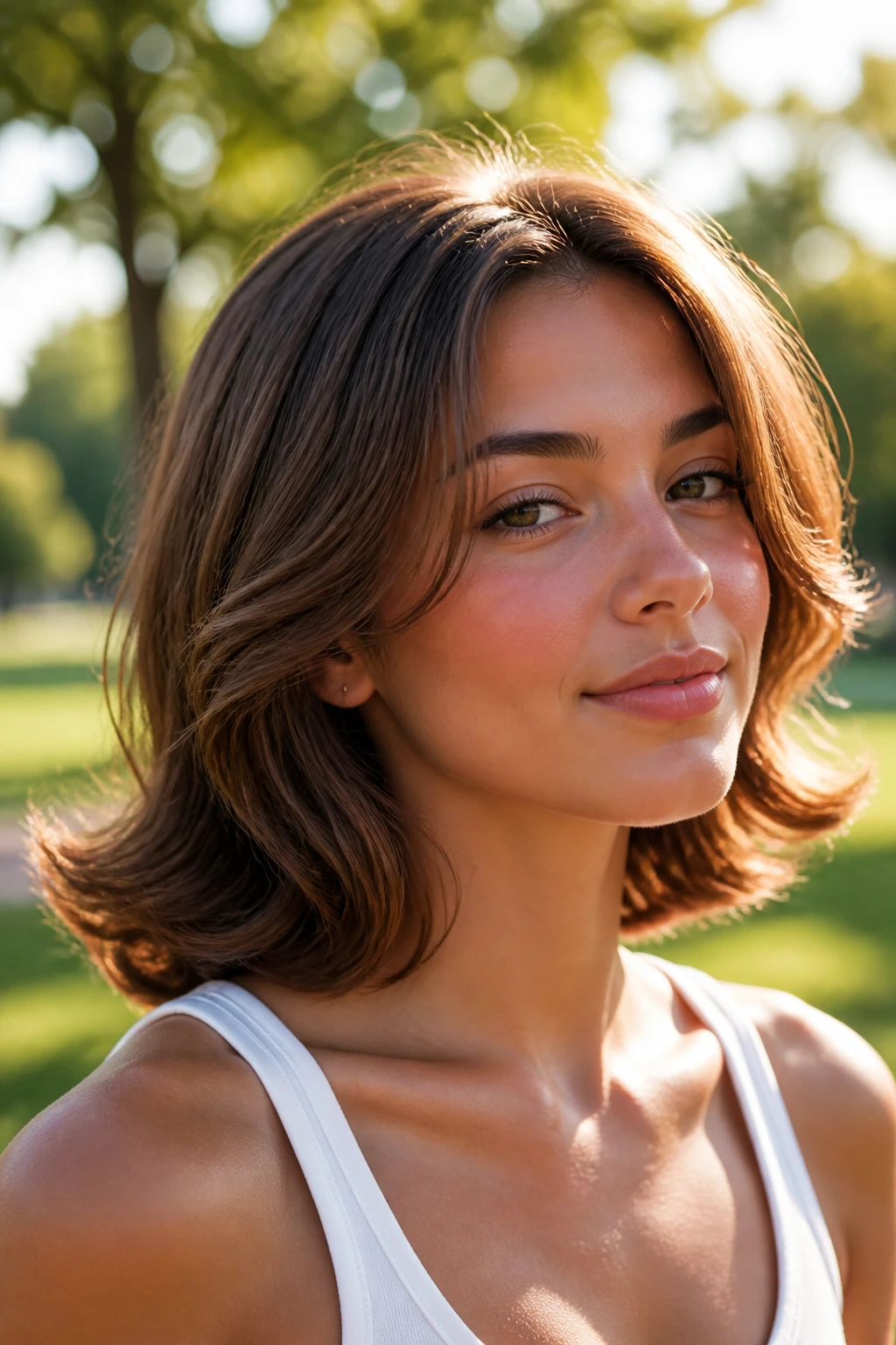 Close-up portrait of a real woman with a flipped-under shoulder cut.