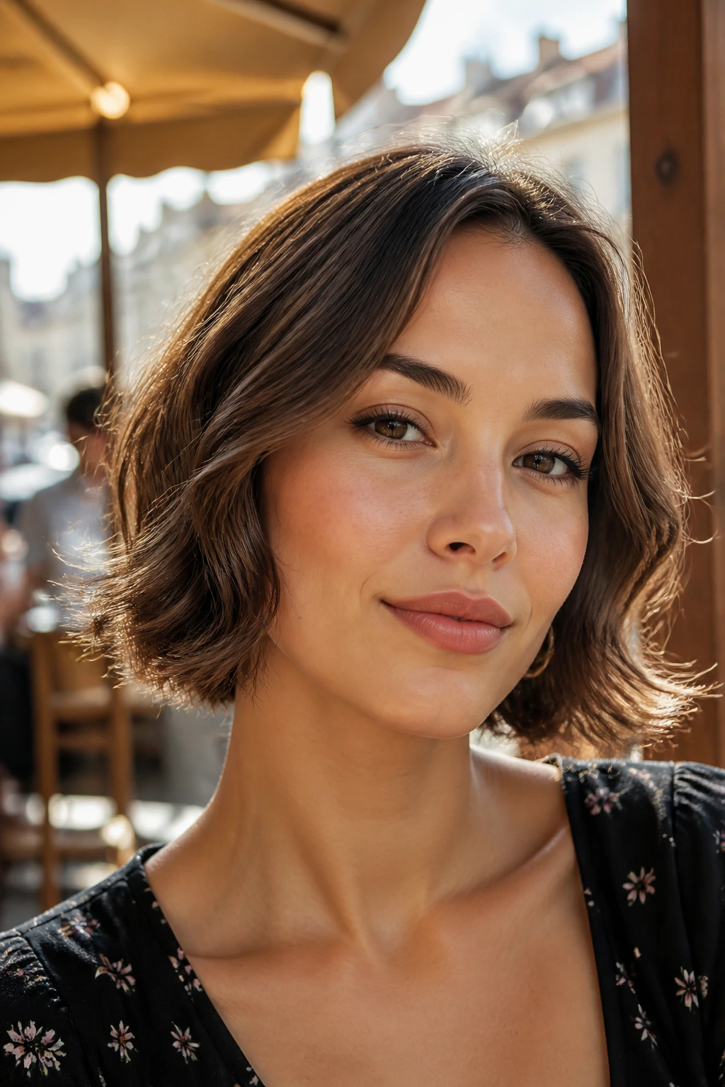 Portrait of a real woman with a flippy bob and outward flicked ends.