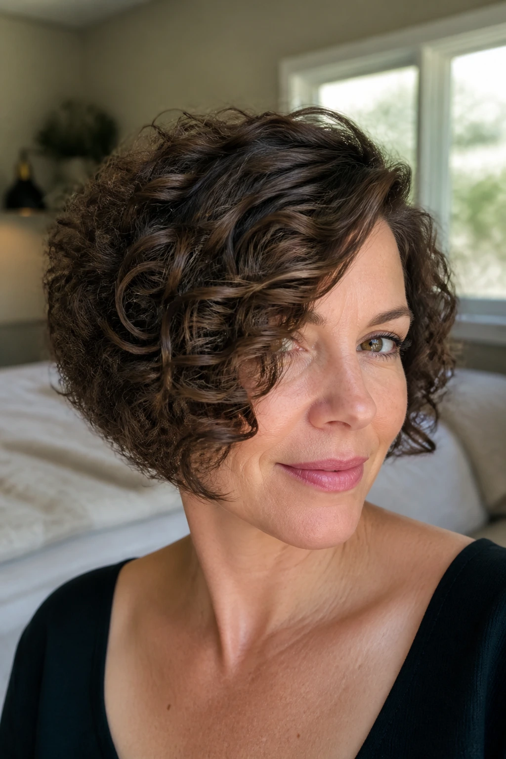 Close-up portrait of a real woman with a flippy curly bob and dramatic side sweep
