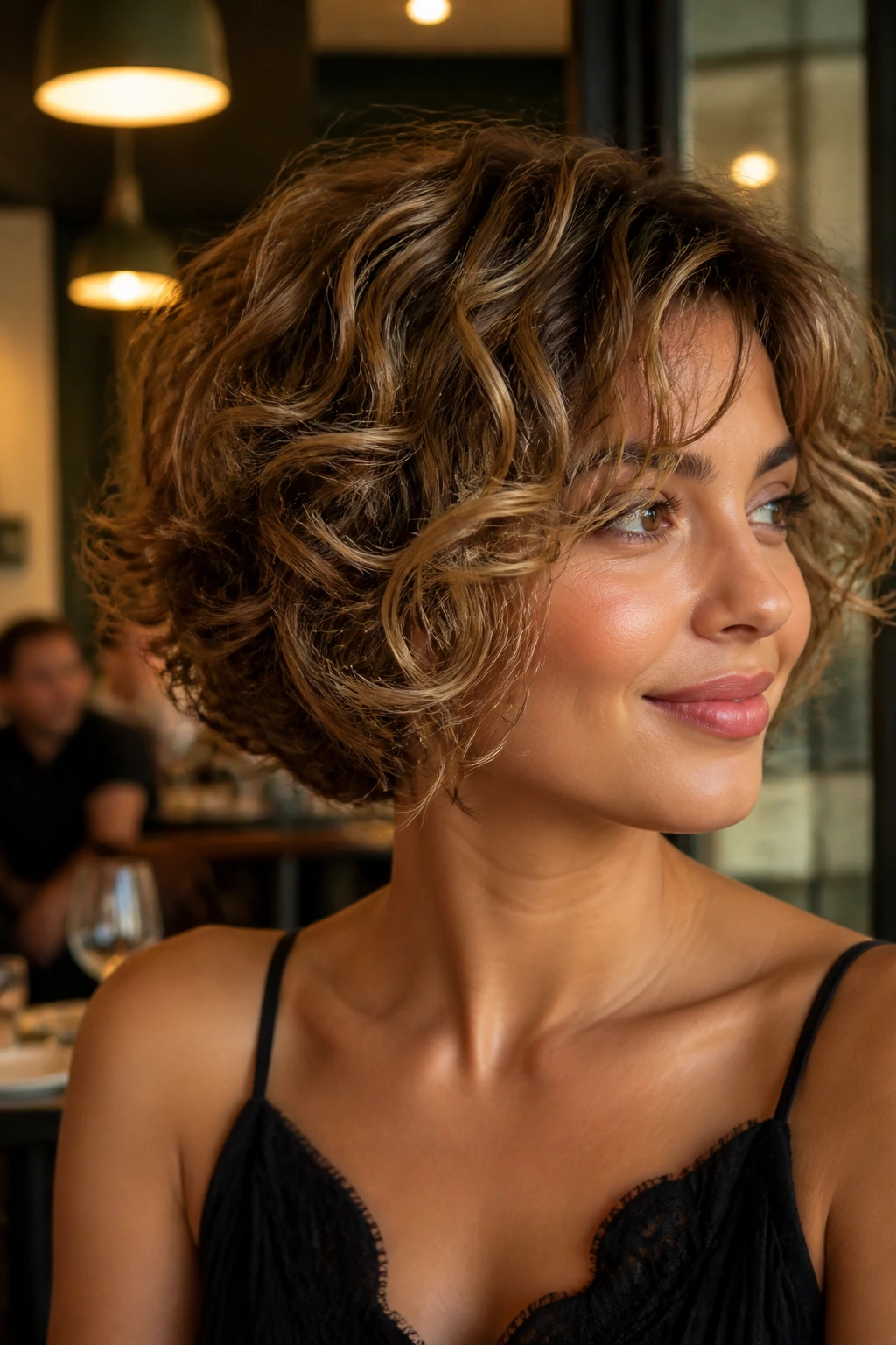 Close-up of a woman with flippy curly bob and gold-brown babylights in a cafe