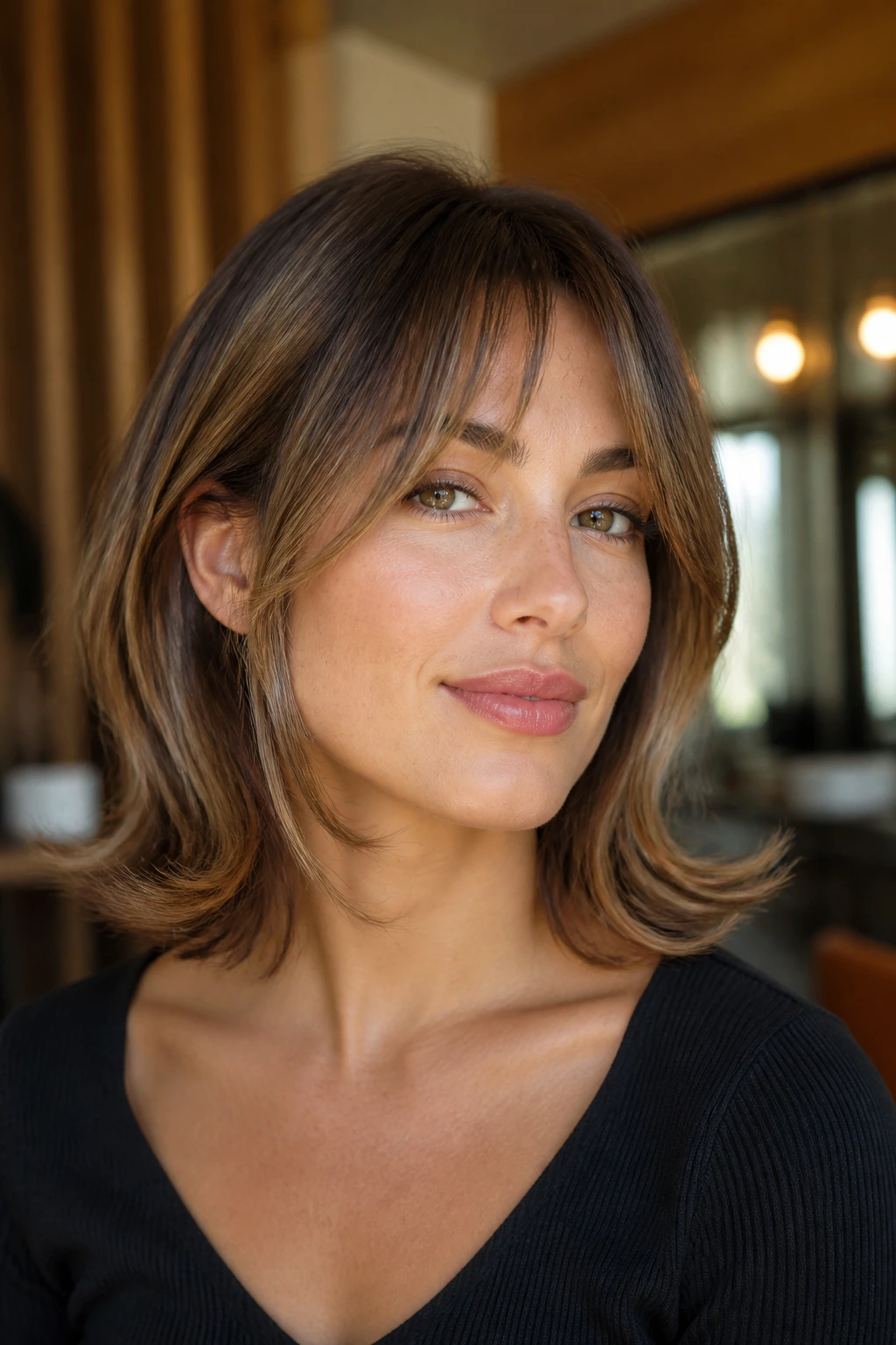 Close-up portrait of a real woman with flippy ends and face-framing bangs.