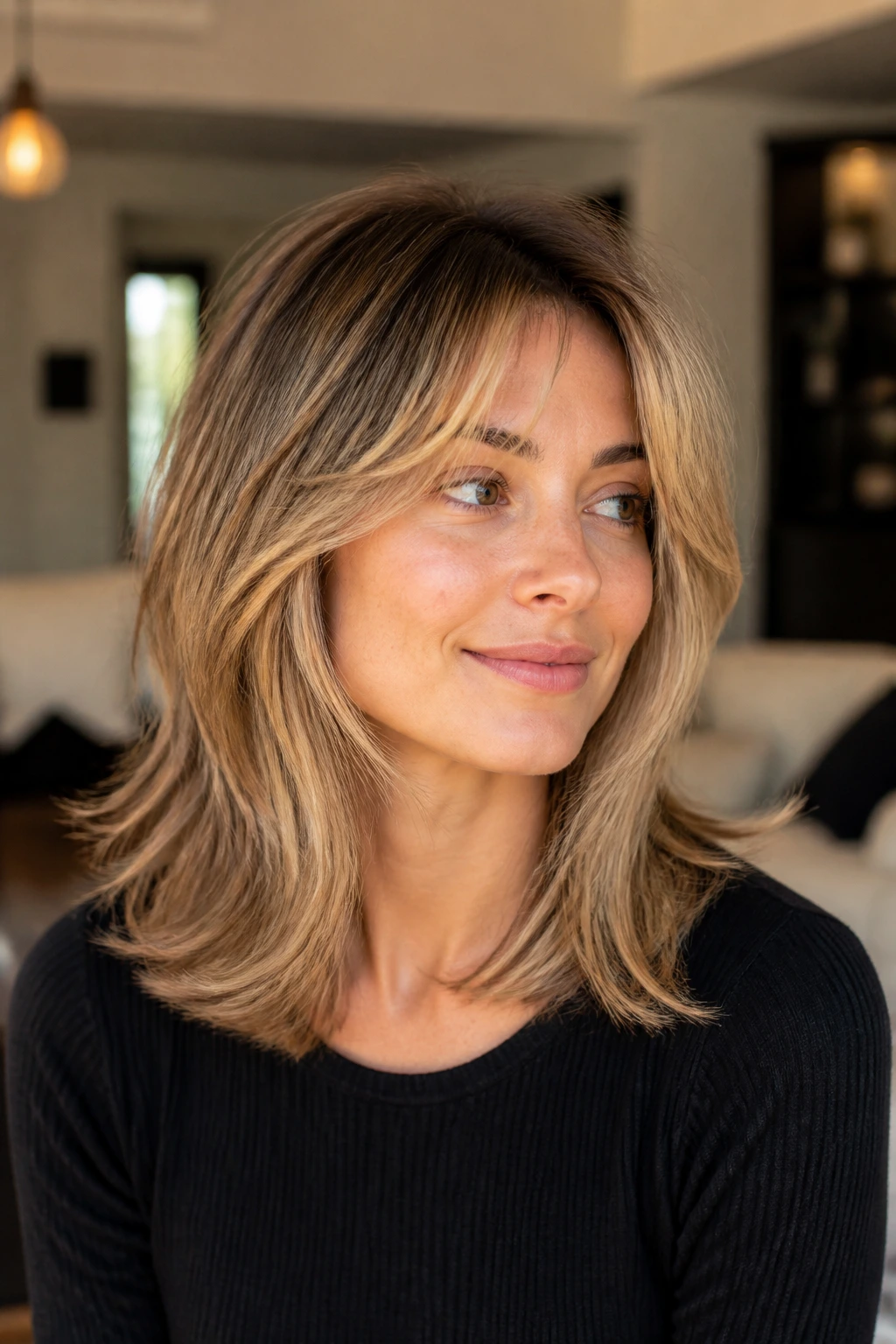 Head-and-shoulders of real woman with flippy ends and light layers