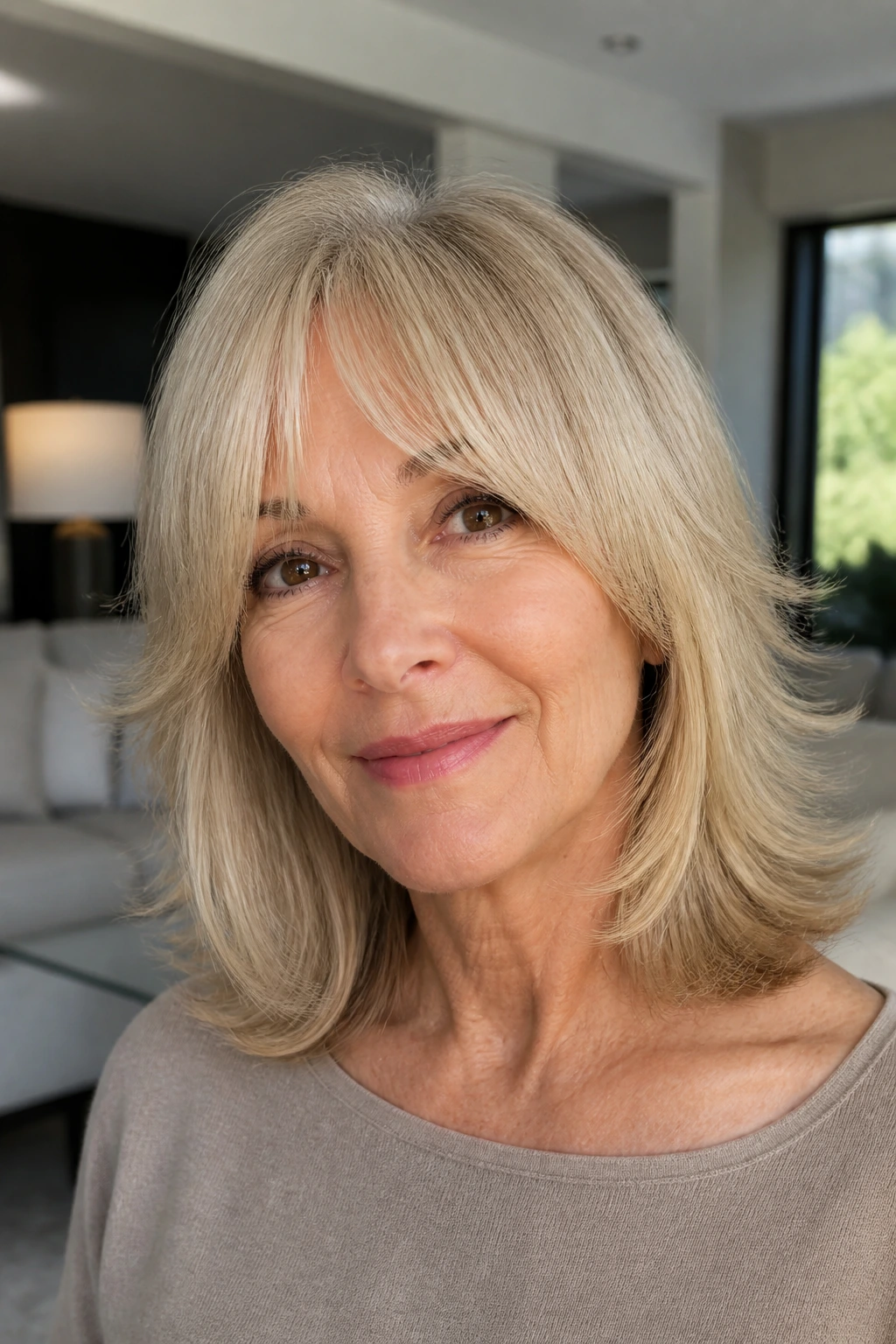 Close-up of a woman with a flippy razor-cut hairstyle and soft curtain bangs