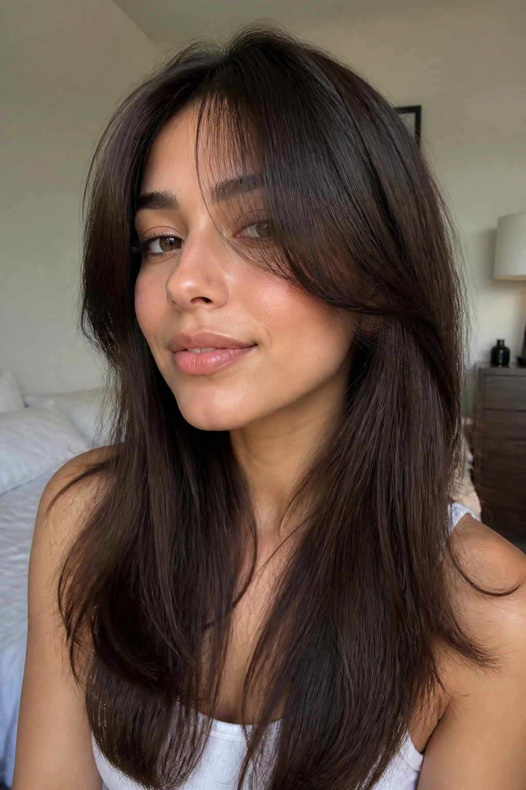 Close-up of a real woman with invisible layers and a floating fringe